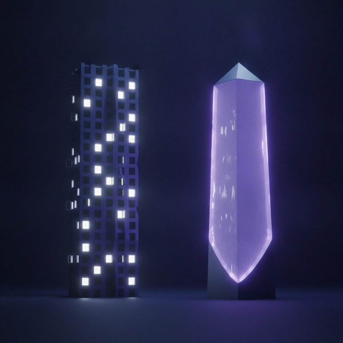 Two buildings at night compared side by side, one with many brightly lit open windows, the other calmly secured behind a subtle purple shield