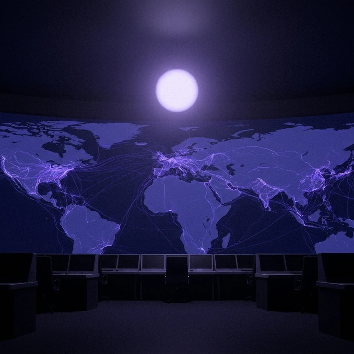 A calm, dark operations room with a large world map, faint purple attack lines tracing across it, a quiet image of worldwide automated cyberattacks