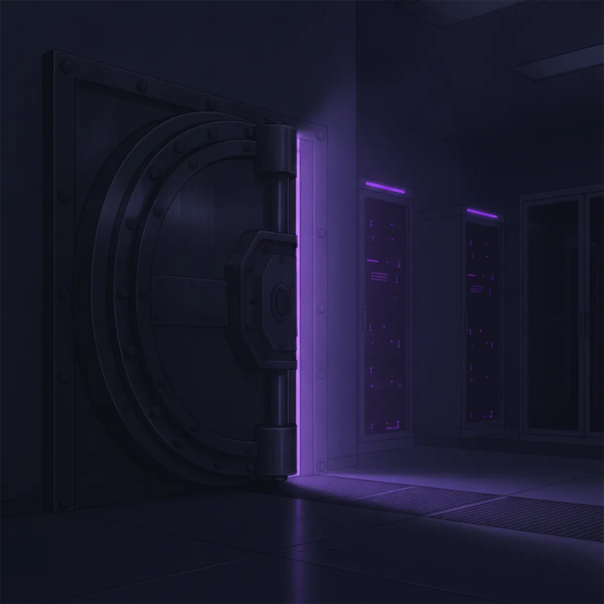 A dark server room with a massive vault door slightly ajar, purple light escaping through the crack