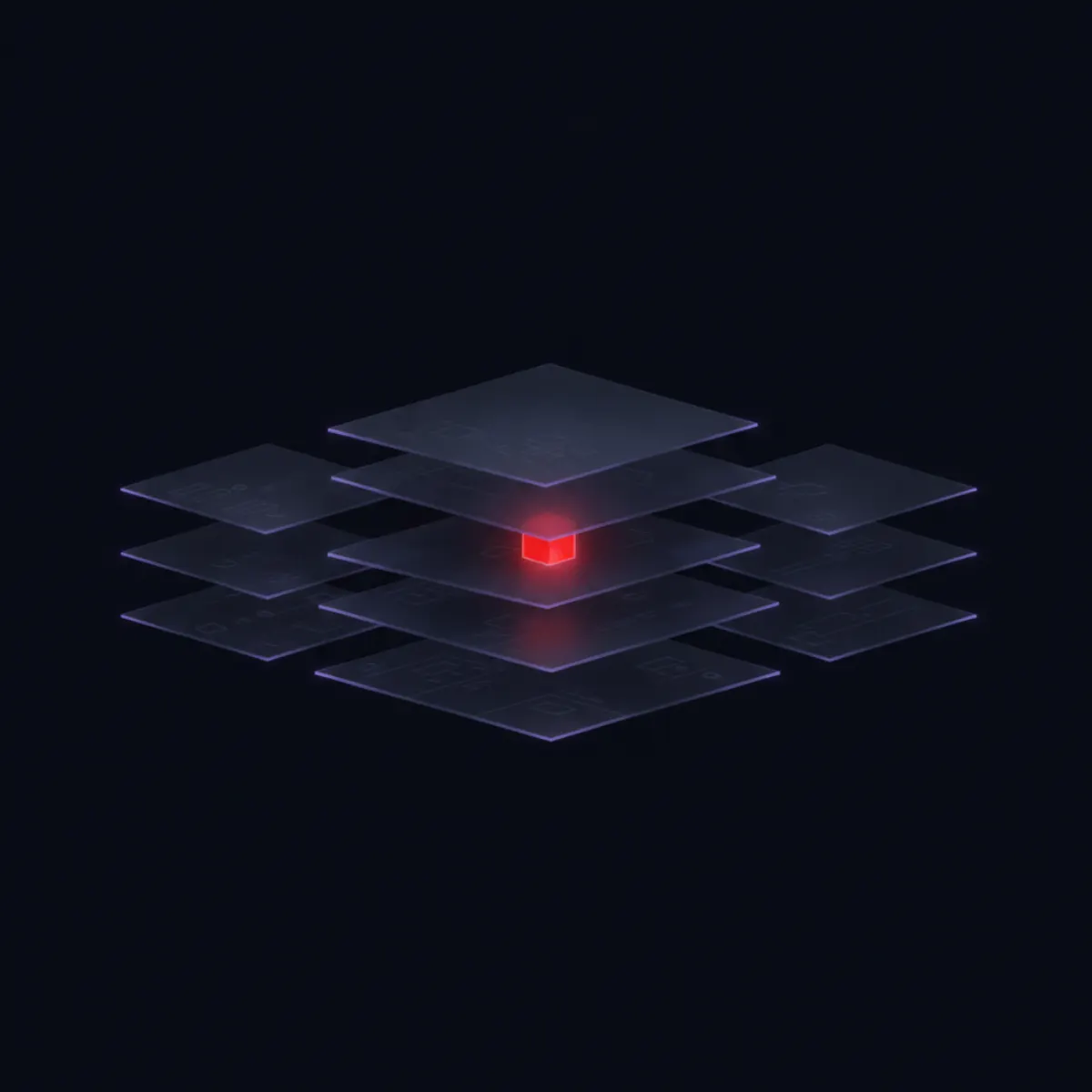 Translucent software layers stacked in dark space, one small component deep inside glowing alarm-red