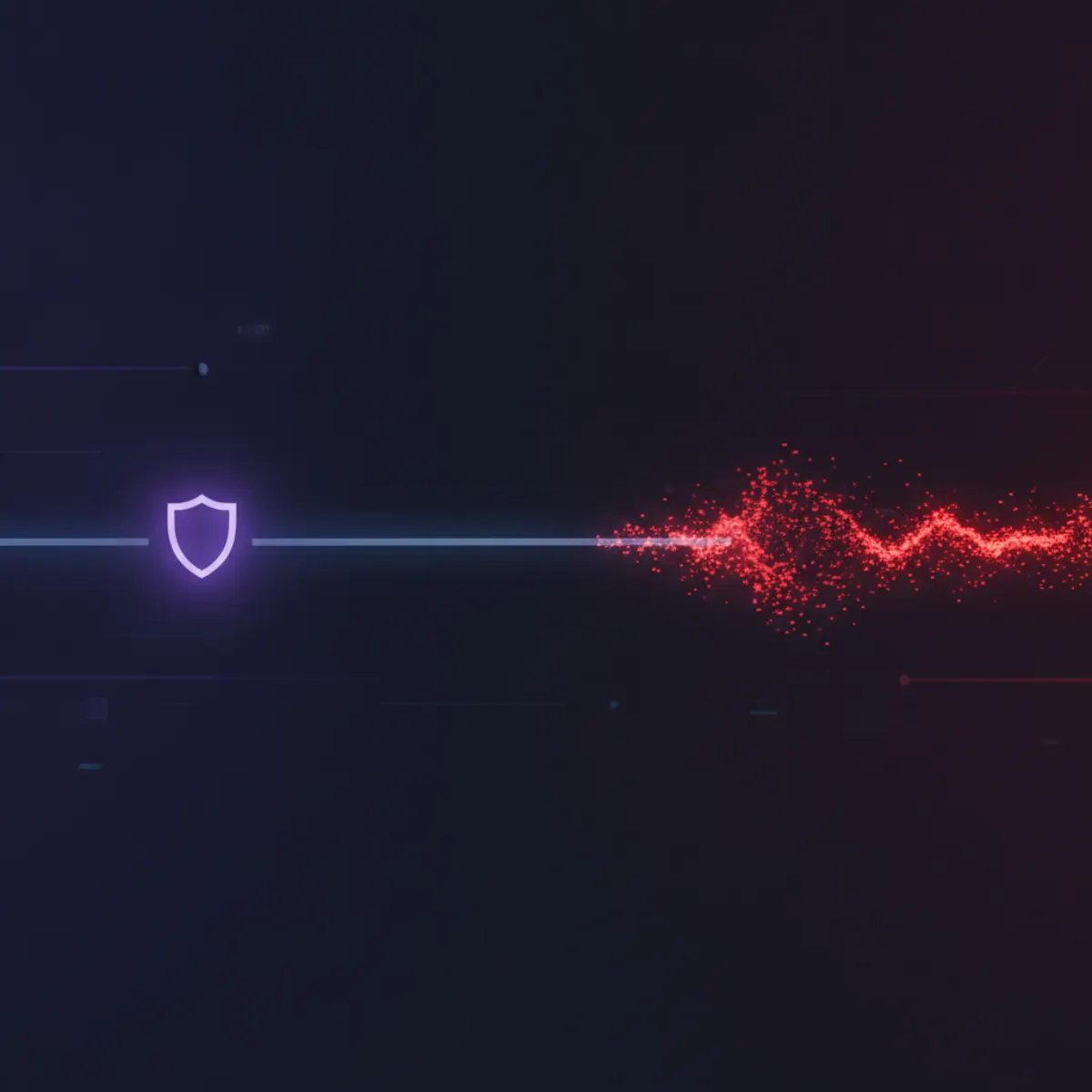 A glowing horizontal timeline in dark space, a purple shield on the left marking the patch, a wave of red particles approaching from the right
