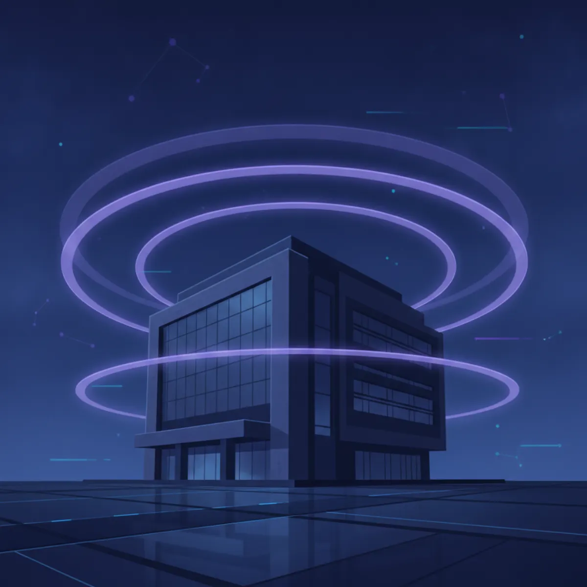 A small fortified office building protected by concentric translucent purple shield rings at night